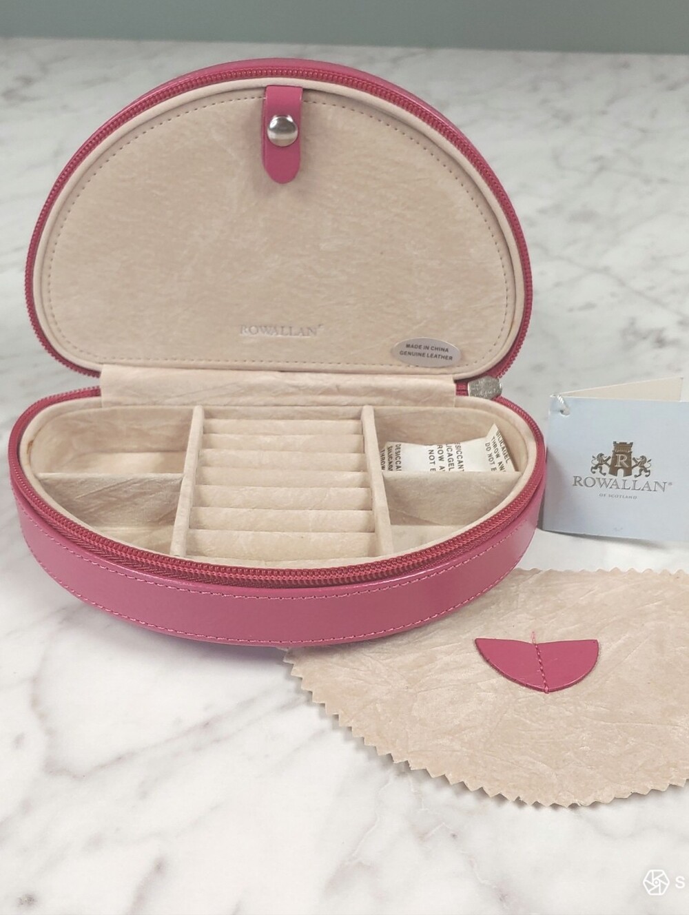 Rowallan Scotland Pink Leather Travel Jewelry case Organizer Half Moon NWT